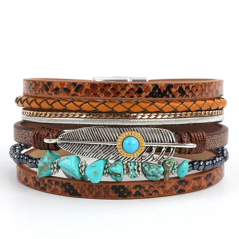 Wholesale Women Fashion Boho Multi-Layer Plant Leaf Gravel Natural Stone Bracelet - Image 10