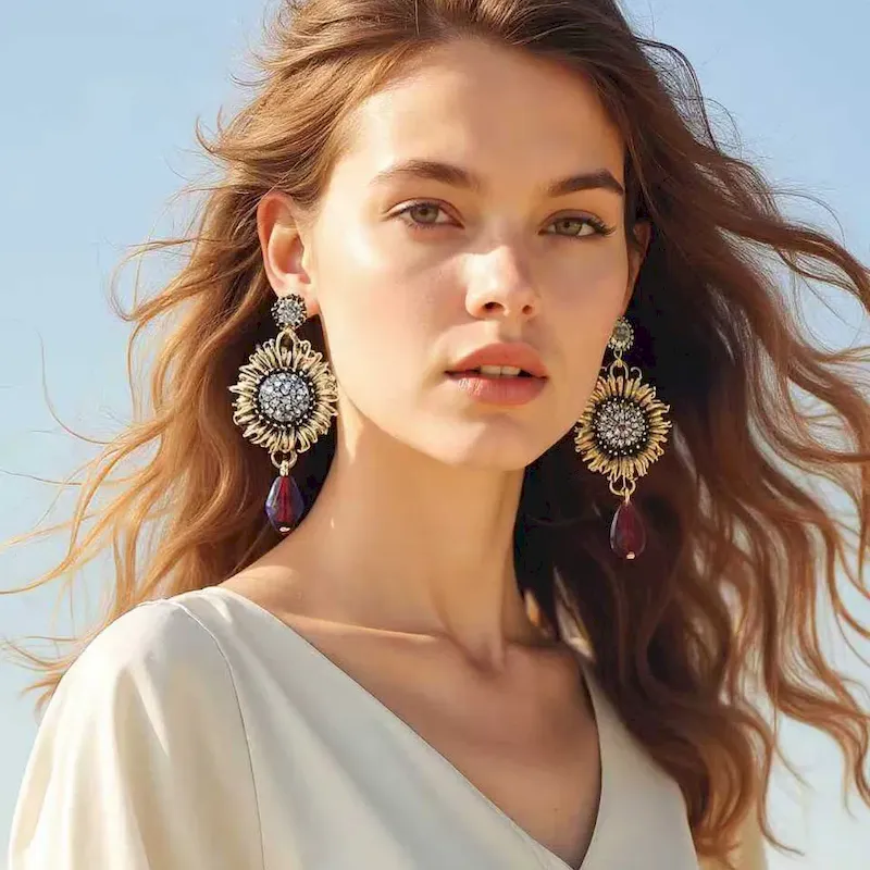 Wholesale Women Retro Boho Zircon Sunflower Drop Pendant Earrings
