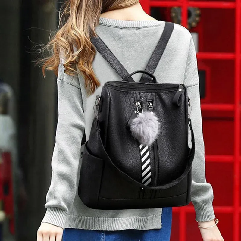 Fashion Large Capacity School Bag PU Leather Solid Color Backpack