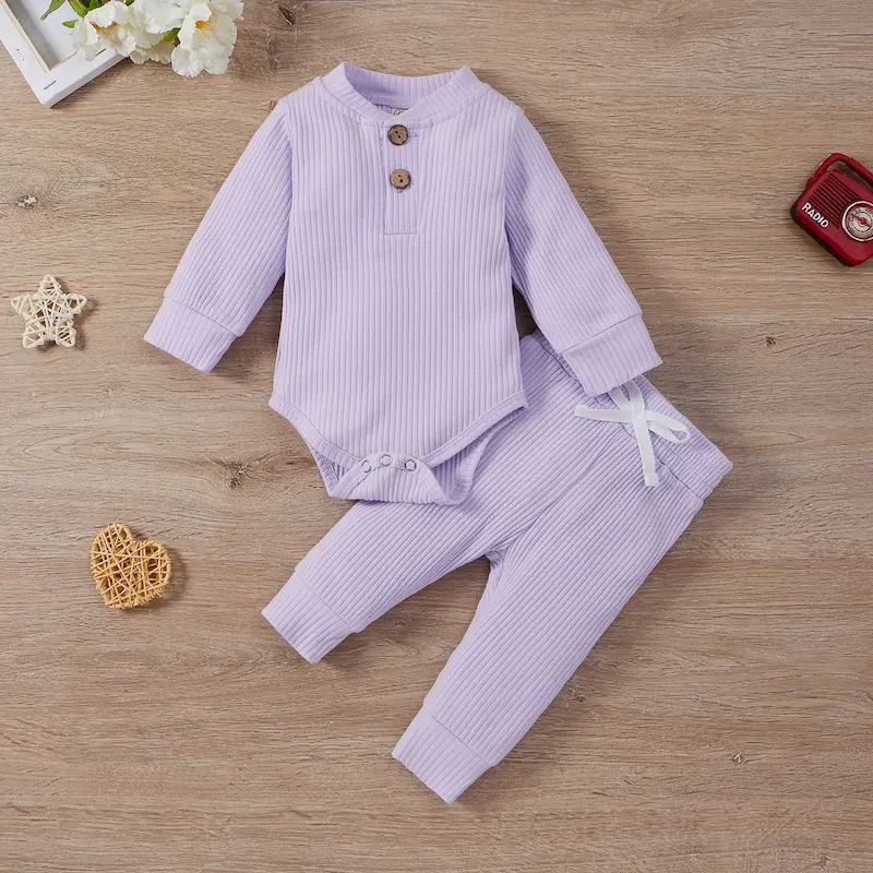 Wholesale Kids Bys And Girls Autumn And Winter Solid Color Stripes Long-Sleeve Bodysuits Drawstring Pants Two-Piece Set - Image 3
