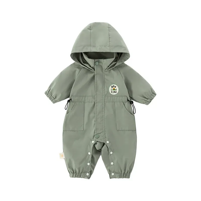Wholesale Baby Boy Solid Color Hoodied Cargo Rompers - Image 3