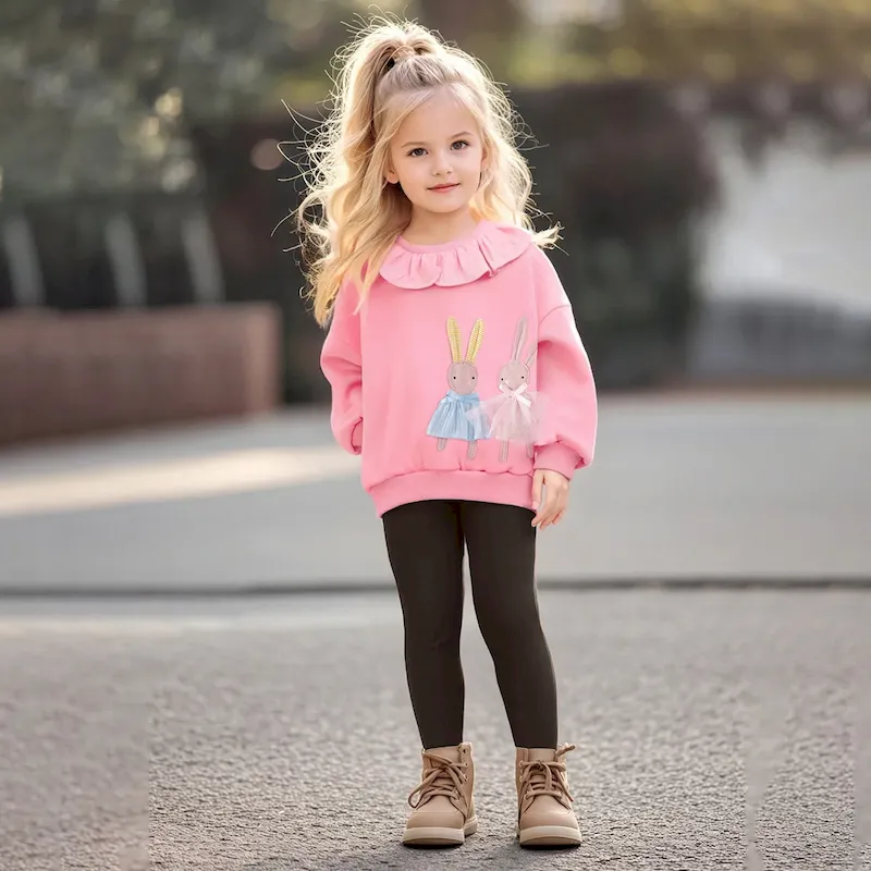 Wholesale Kids Girls Fashion Casual Autumn And Winter Velvet Lace Collar Long-Sleeve Top Tight Pants Two-Piece Set