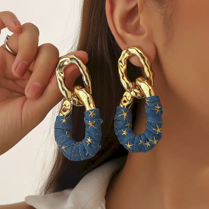 Wholesale Women Fashion Exaggerated Pleated Oval Faux Leather Wrap Denim Earrings - Image 4