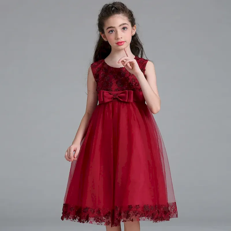 Wholesale Kids Girls Fashion Elegant Solid Color Lace Bowknot Mesh Sleeveless Princess Dress