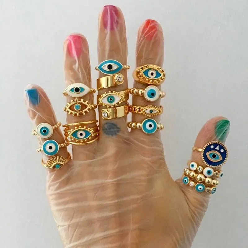 Wholesale Women Fashion Oil Painting Gold Plated Devil Eye Ring