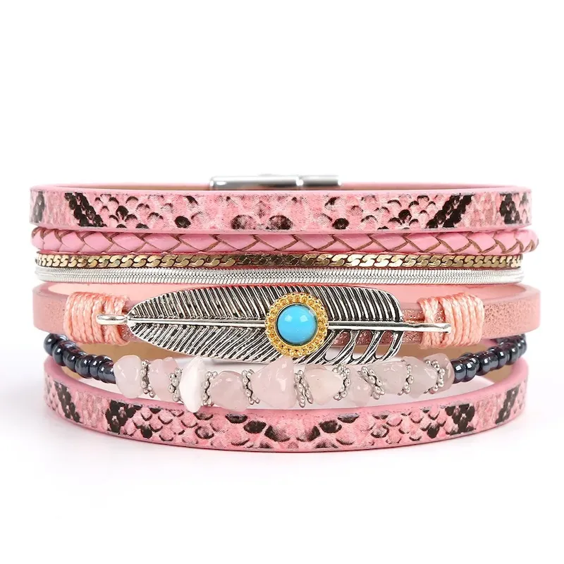 Wholesale Women Fashion Boho Multi-Layer Plant Leaf Gravel Natural Stone Bracelet - Image 9