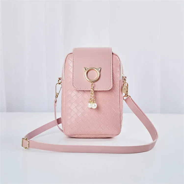 Women Fashion Solid Color Geometric Suture Imitation Pearl Tassel Decorative Crossbody Bag