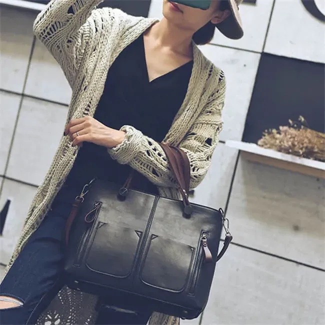 Women Fashion Large Capacity Zipper Patchwork Square Shape Handle Bag - Image 14