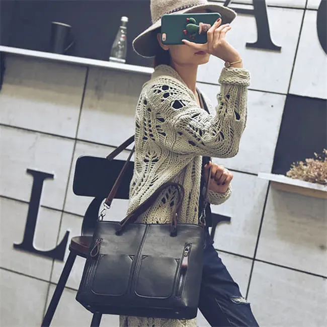 Women Fashion Large Capacity Zipper Patchwork Square Shape Handle Bag - Image 15