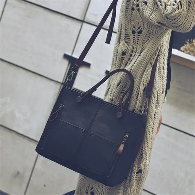 Women Fashion Large Capacity Zipper Patchwork Square Shape Handle Bag - Image 16