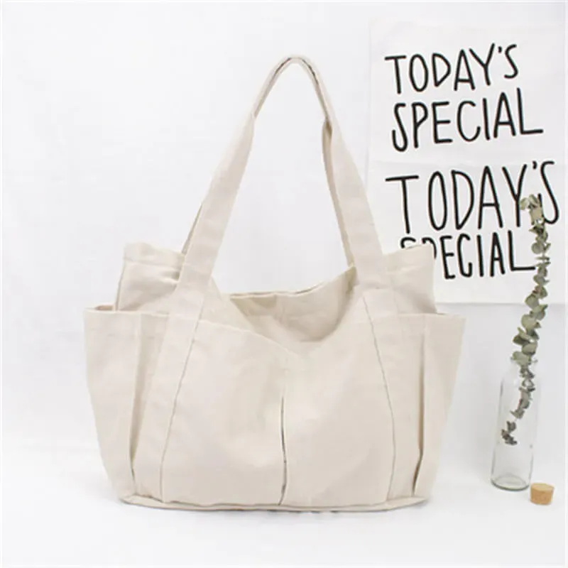 Women Solid Color Large Capacity Pocket Canvas Tote Bag - Image 4
