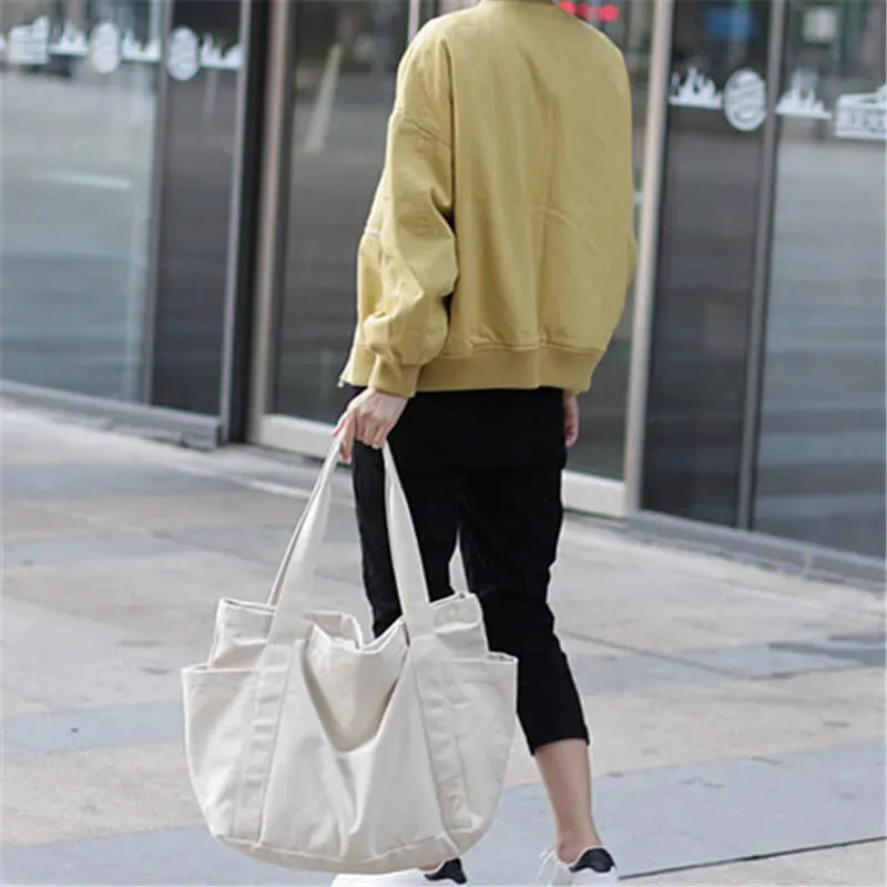 Women Solid Color Large Capacity Pocket Canvas Tote Bag - Image 10