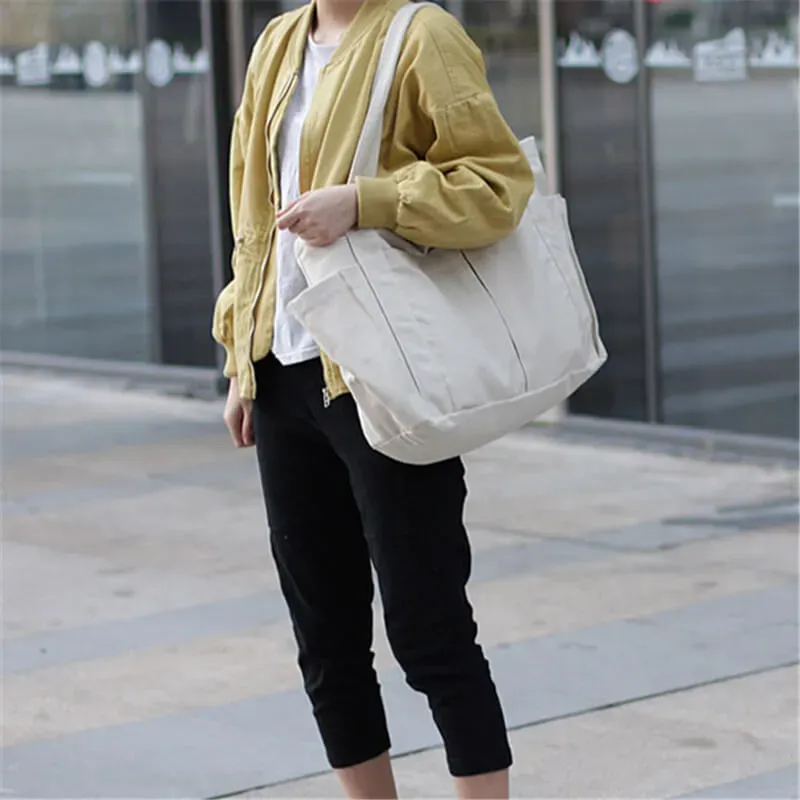Women Solid Color Large Capacity Pocket Canvas Tote Bag - Image 11