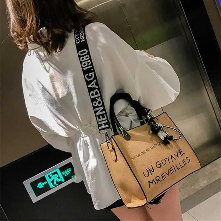 Women Fashion Color Blocking Letter Printed Large Capacity Tote Bag - Image 4