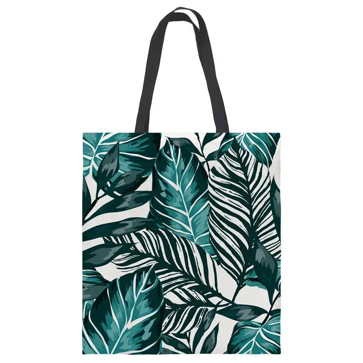 Women Fashion Color Blocking Plant Printed Large Capacity Canvas Tote Bag - Image 3