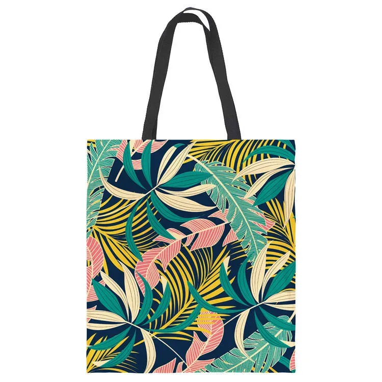 Women Fashion Color Blocking Plant Printed Large Capacity Canvas Tote Bag - Image 5