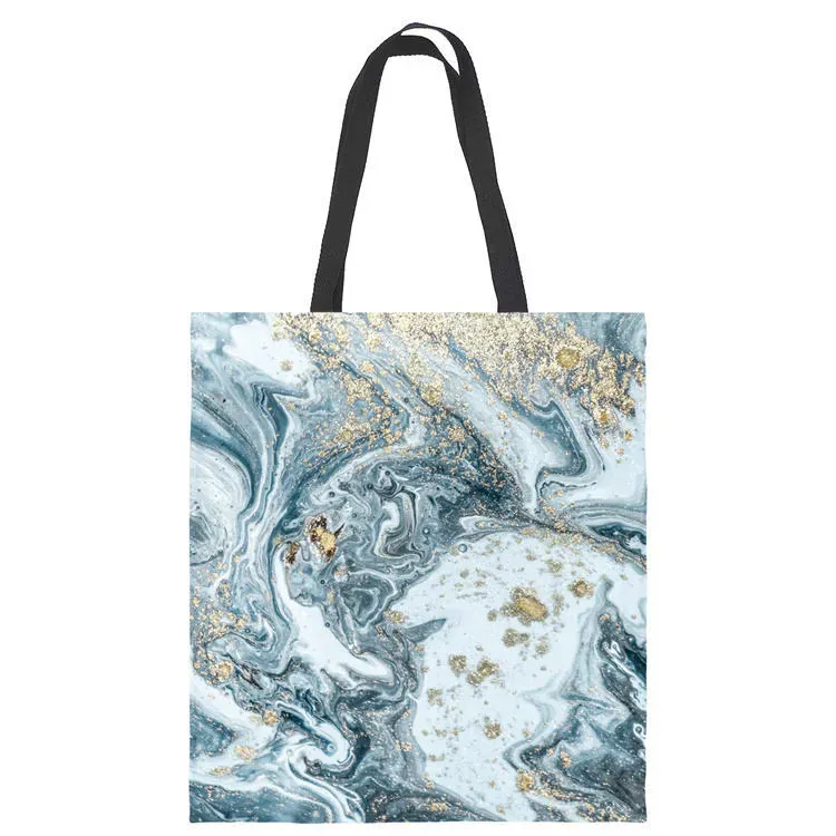 Women Fashion Color Blocking Marble Printed Large Capacity Canvas Tote Bag - Image 3