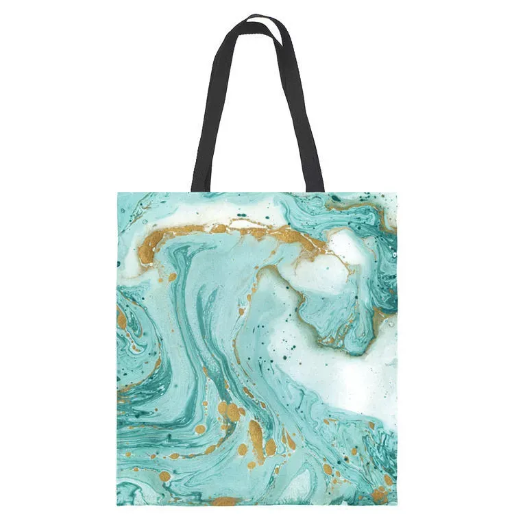 Women Fashion Color Blocking Marble Printed Large Capacity Canvas Tote Bag - Image 4