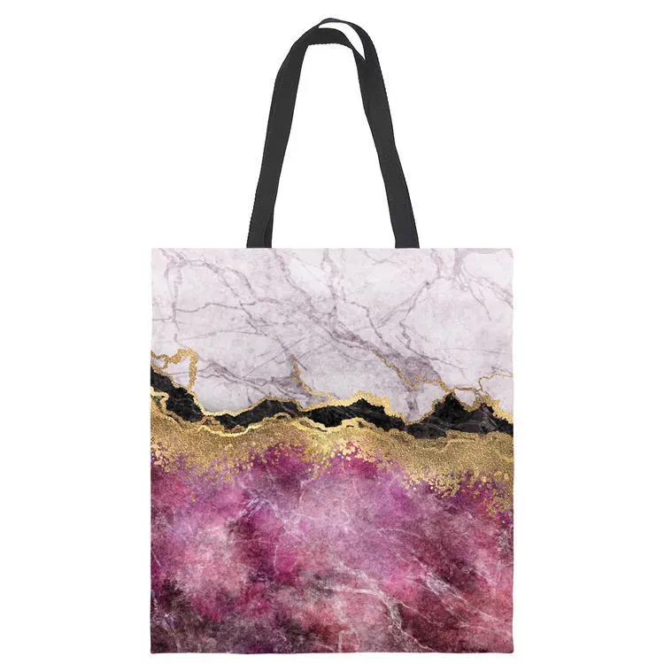 Women Fashion Color Blocking Marble Printed Large Capacity Canvas Tote Bag - Image 5