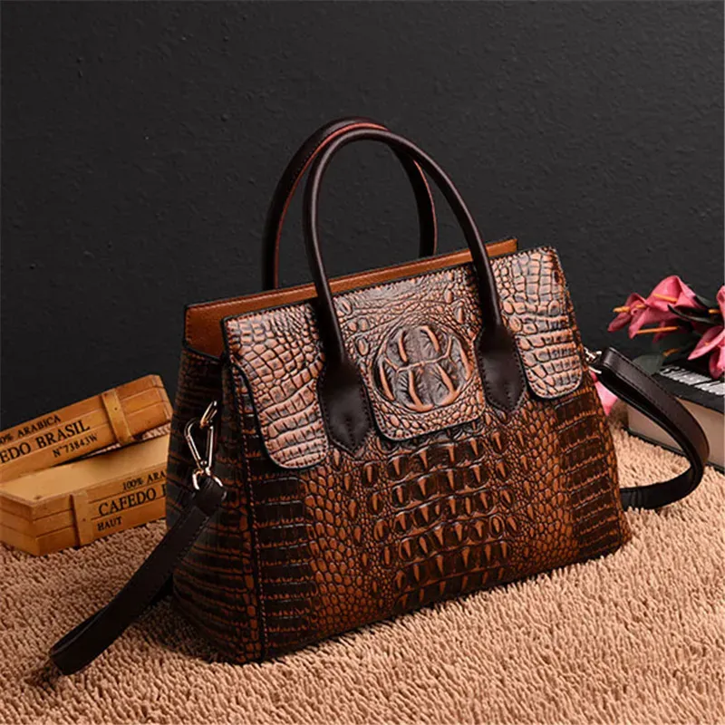 Women Retro Crocodile Pattern Handle Bag