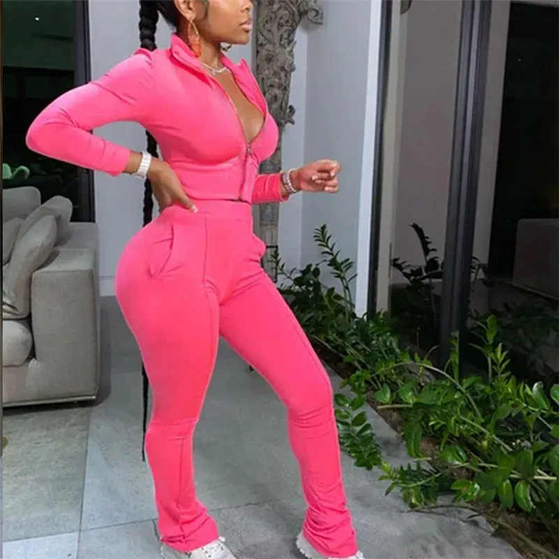 S-2XL Women Casual Solid Color Long Sleeve Top And Pant Sports Two Piece Set