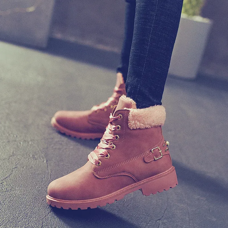 Size:5-12 Women Fashion Solid Color Fleece-Lined Lace-Up Short Boots - Image 5