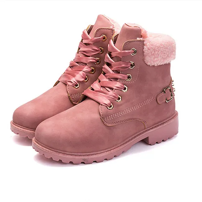 Size:5-12 Women Fashion Solid Color Fleece-Lined Lace-Up Short Boots - Image 6
