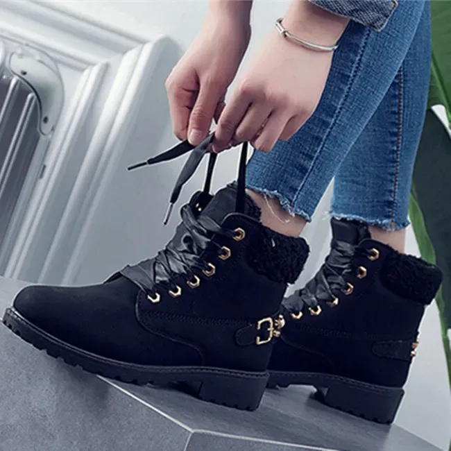 Size:5-12 Women Fashion Solid Color Fleece-Lined Lace-Up Short Boots - Image 14