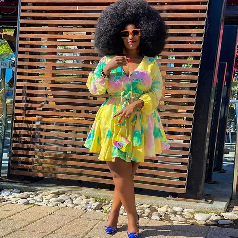 2XL-5XL Women Fashion Plus Size Deep V Geometric Print Long Sleeve Swing Dress