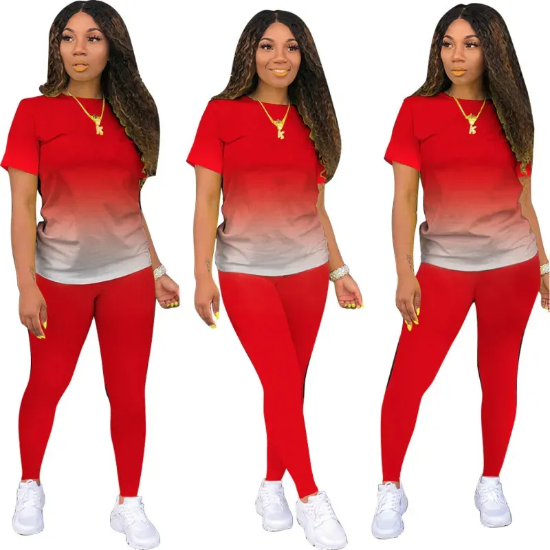 Athleisure Women Casual Athleisure Short Sleeve Round Neck Gradient Color Top And Solid Color Pants Two-piece Set - Image 4