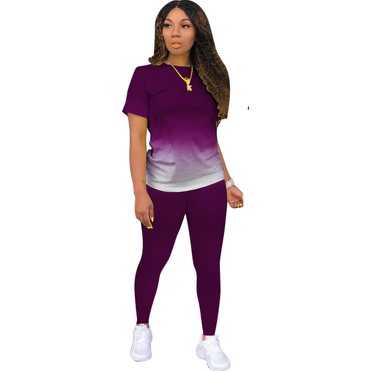Athleisure Women Casual Athleisure Short Sleeve Round Neck Gradient Color Top And Solid Color Pants Two-piece Set - Image 6