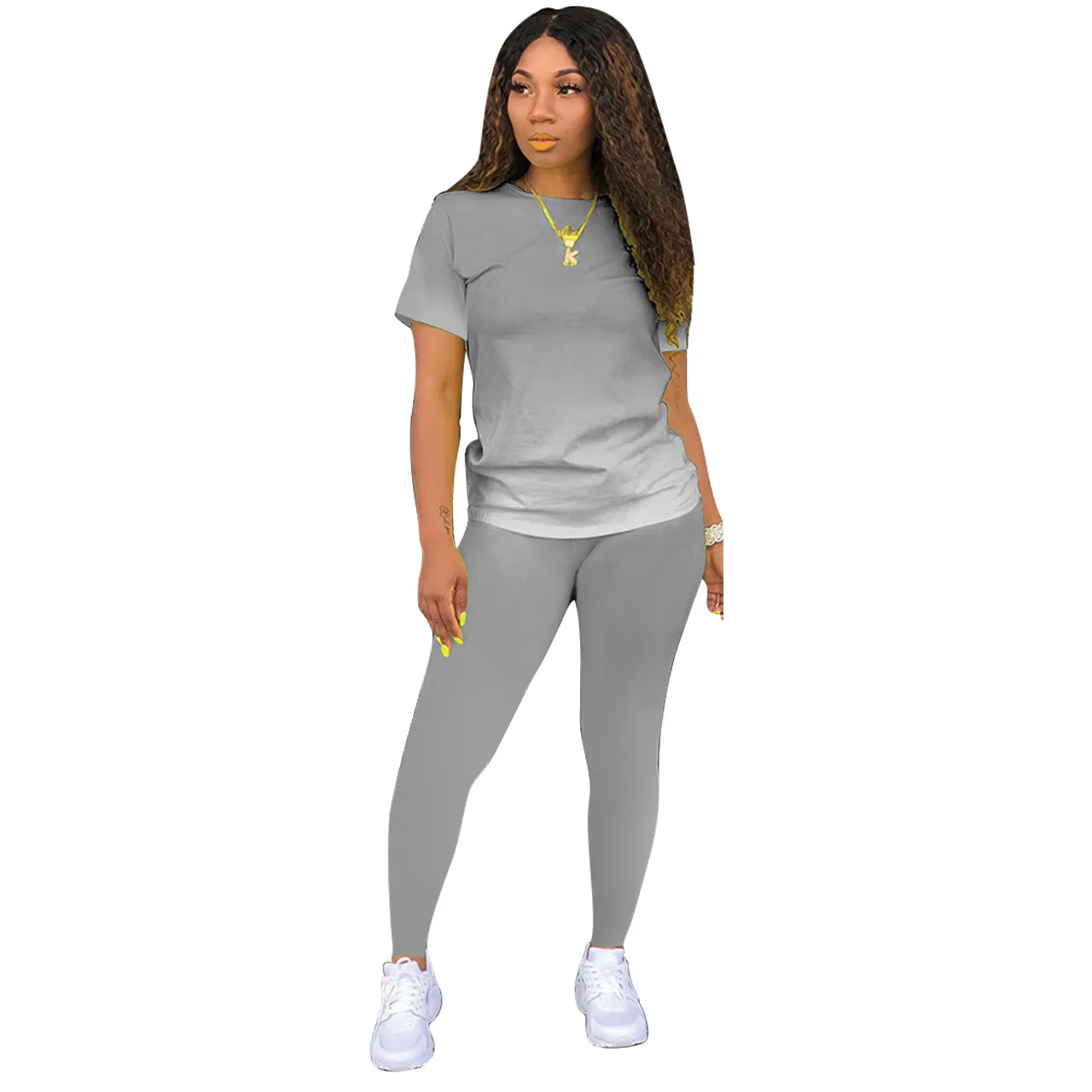 Athleisure Women Casual Athleisure Short Sleeve Round Neck Gradient Color Top And Solid Color Pants Two-piece Set - Image 7