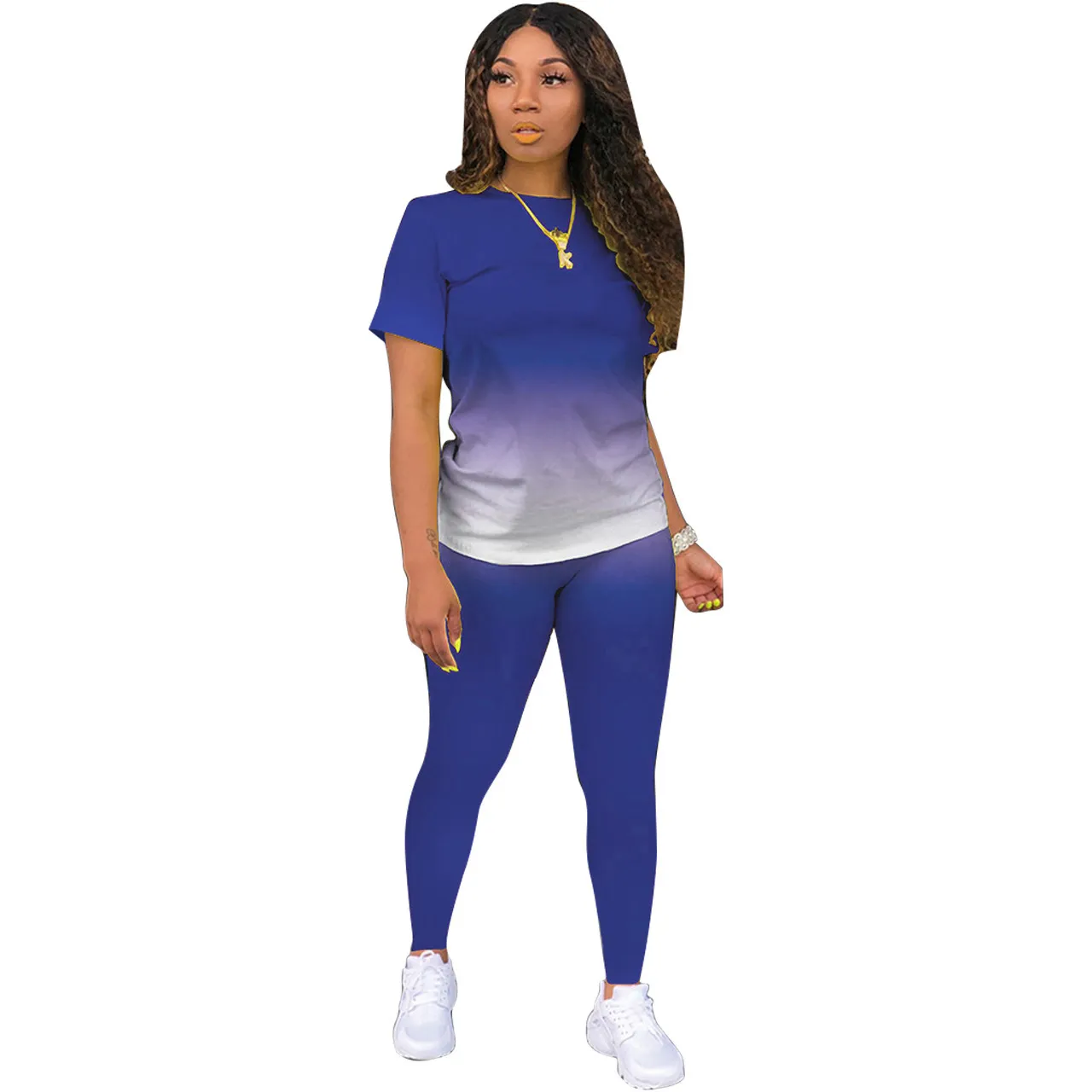 Athleisure Women Casual Athleisure Short Sleeve Round Neck Gradient Color Top And Solid Color Pants Two-piece Set - Image 10