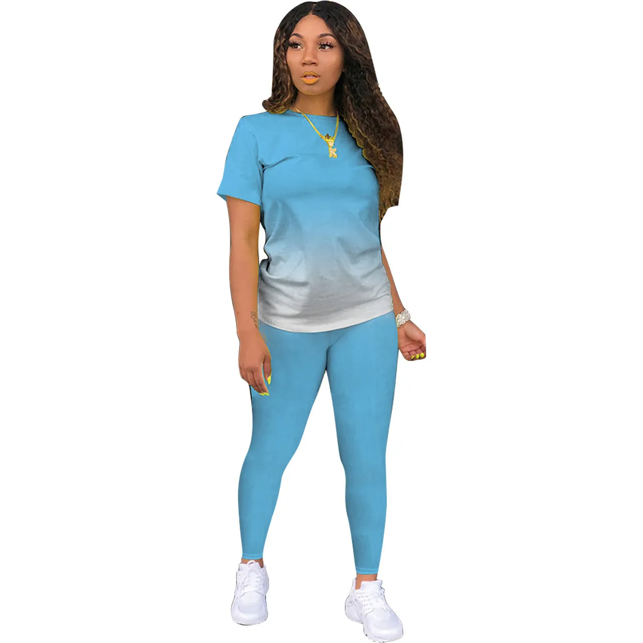 Athleisure Women Casual Athleisure Short Sleeve Round Neck Gradient Color Top And Solid Color Pants Two-piece Set - Image 11