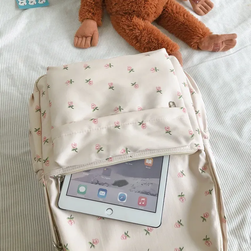 Women Casual Flower Pattern Solid Color Canvas Large Capacity Backpack - Image 4