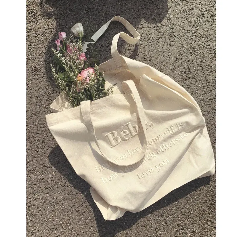 Embroidered Women Casual Design Solid Color Letter Pattern Canvas Large Capacity Shoulder Handle Tote Bag - Image 5