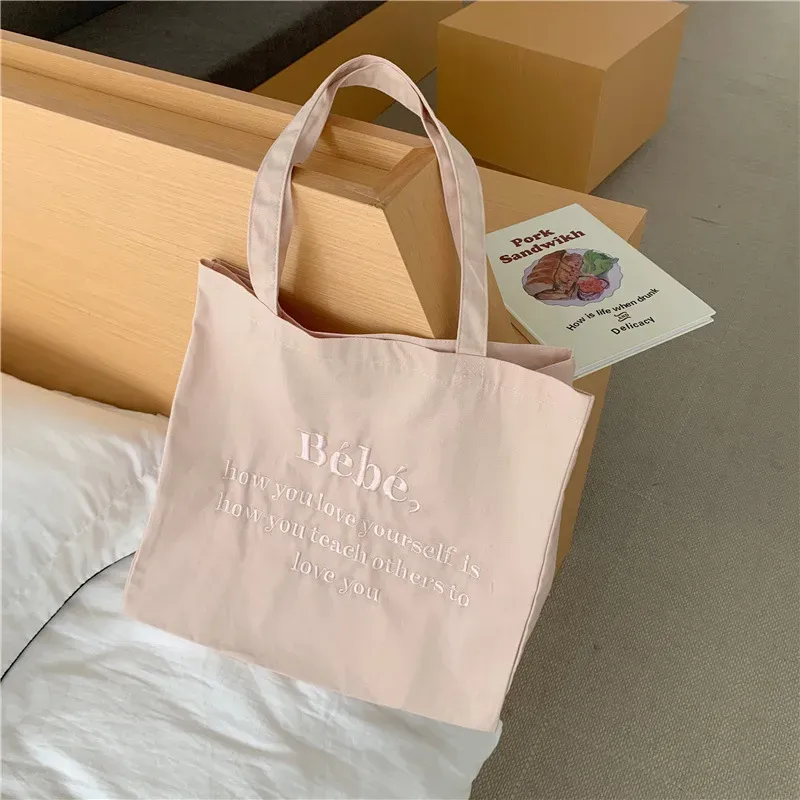 Embroidered Women Casual Design Solid Color Letter Pattern Canvas Large Capacity Shoulder Handle Tote Bag - Image 9