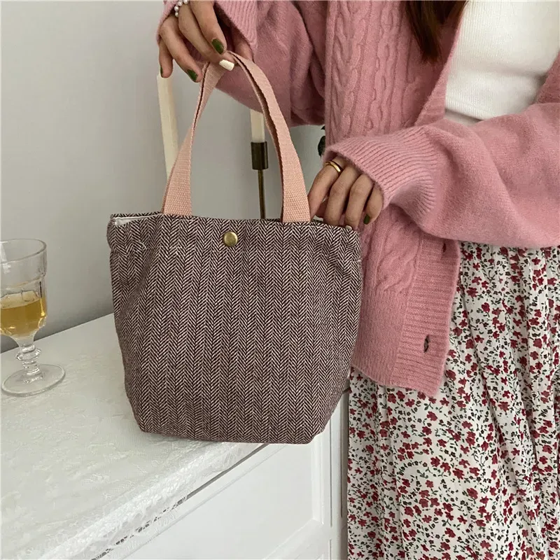 Women Casual Design Plaid Pattern Solid Color Canvas Handle Bag - Image 8