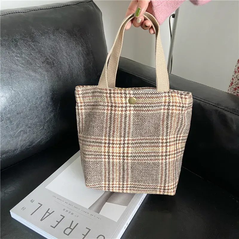 Women Casual Design Plaid Pattern Solid Color Canvas Handle Bag - Image 12