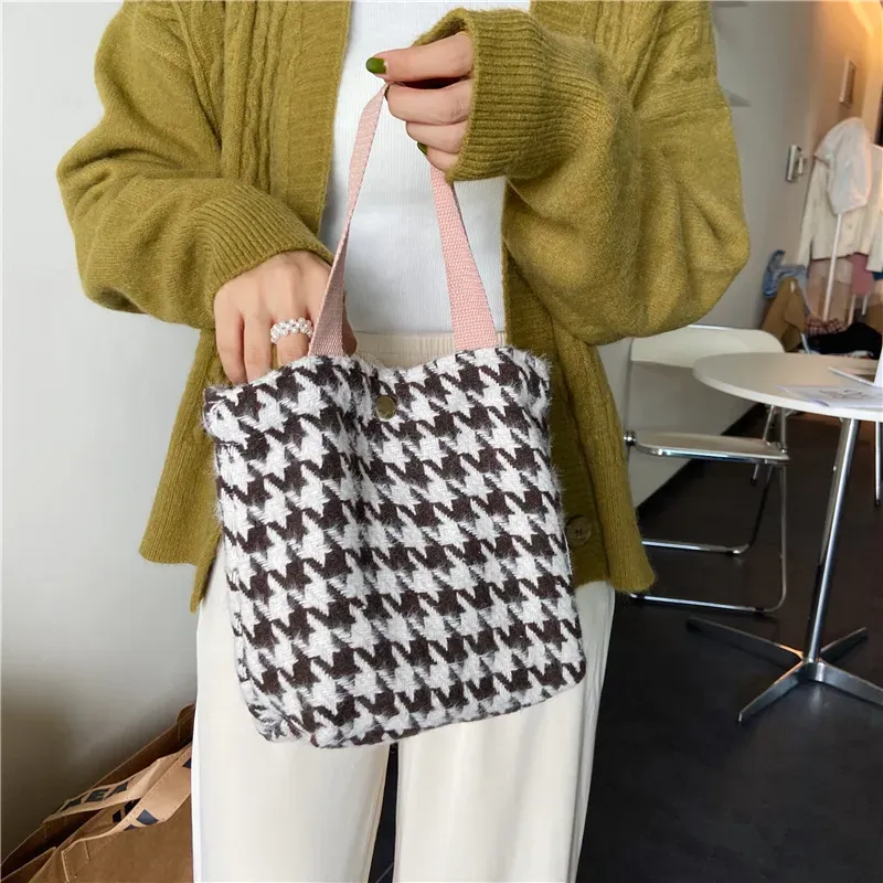 Women Casual Design Plaid Pattern Solid Color Canvas Handle Bag - Image 13