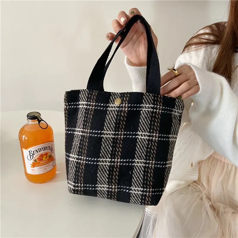 Women Casual Design Plaid Pattern Solid Color Canvas Handle Bag - Image 14