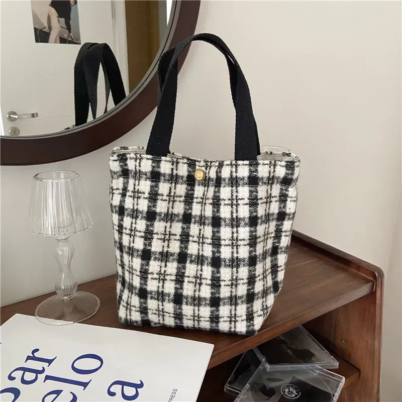 Women Casual Design Plaid Pattern Solid Color Canvas Handle Bag - Image 15