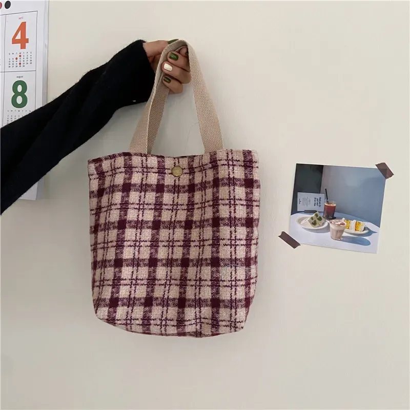 Women Casual Design Plaid Pattern Solid Color Canvas Handle Bag - Image 16