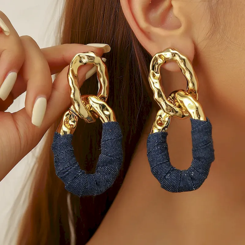 Wholesale Women Fashion Exaggerated Pleated Oval Faux Leather Wrap Denim Earrings - Image 3