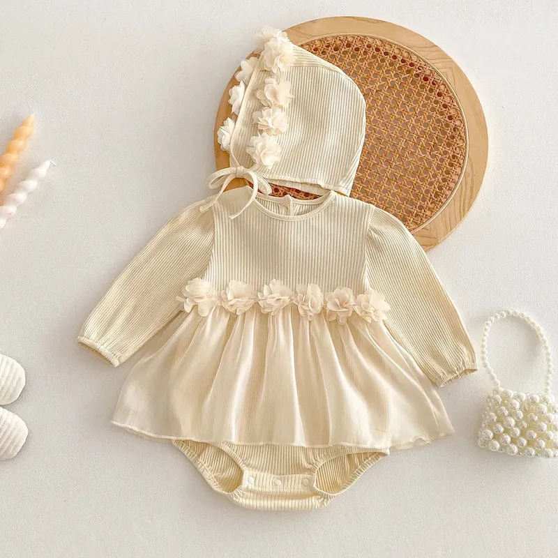 Wholesale Kids Baby'S Girls Fashion Solid Color Flower Long-Sleeve Rompers Hat Two-Piece Set