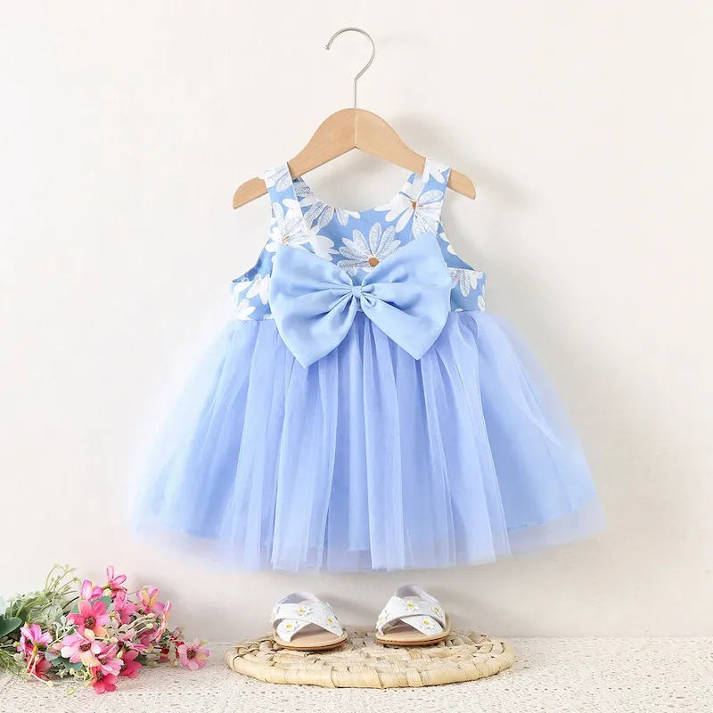 Wholesale Kids Baby Girls Fashion Cute Daisy Printed Mesh Sleeveless Bowknot Dress