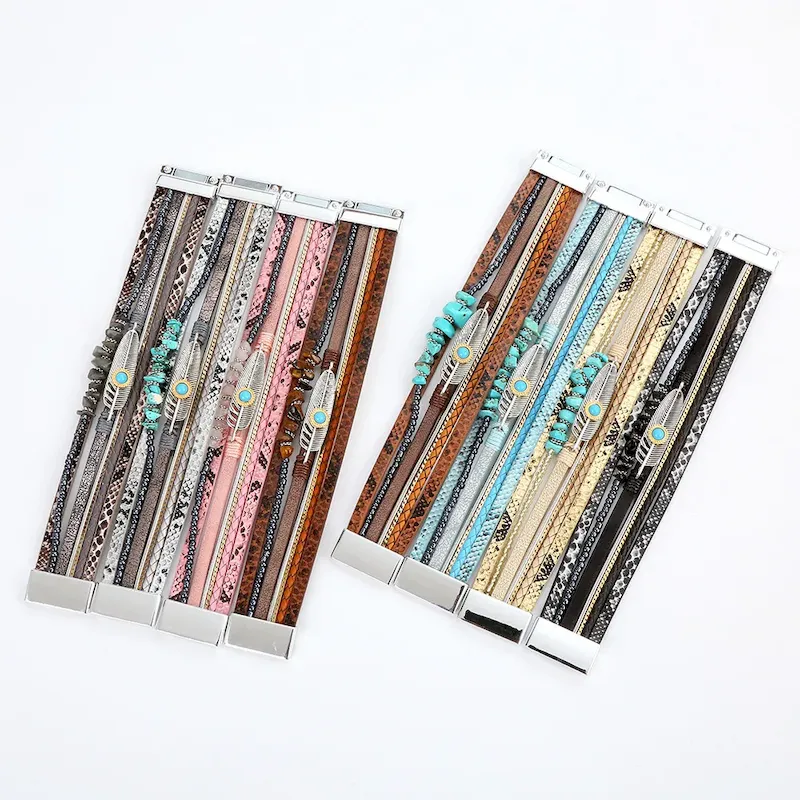 Wholesale Women Fashion Boho Multi-Layer Plant Leaf Gravel Natural Stone Bracelet - Image 4