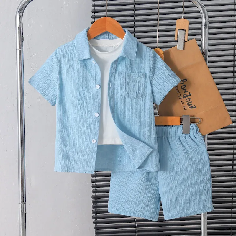Wholesale Boys Fashion Solid Color Short Sleeve Shirt And Shorts Two-Piece Handsome