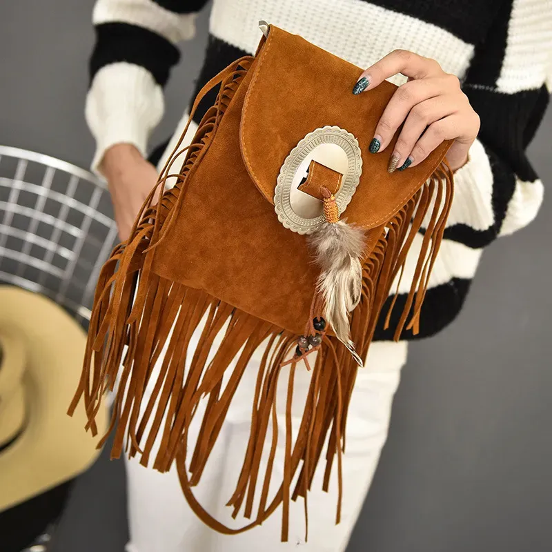 Women Vintage Tassel Decor Feather Boho Bag
