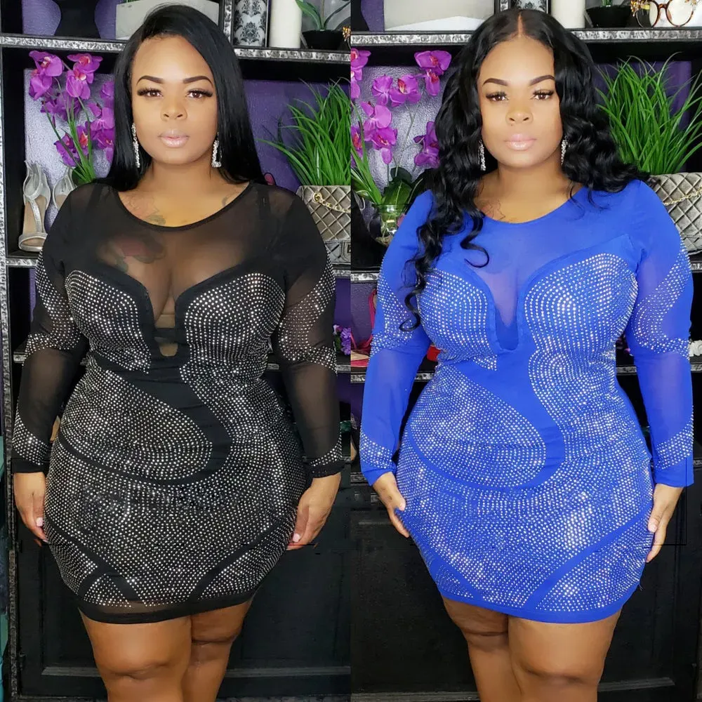 XL-5XL Women Plus Size Sexy Mesh Patchwork Long-sleeve Rhinestone Bodycon Dress